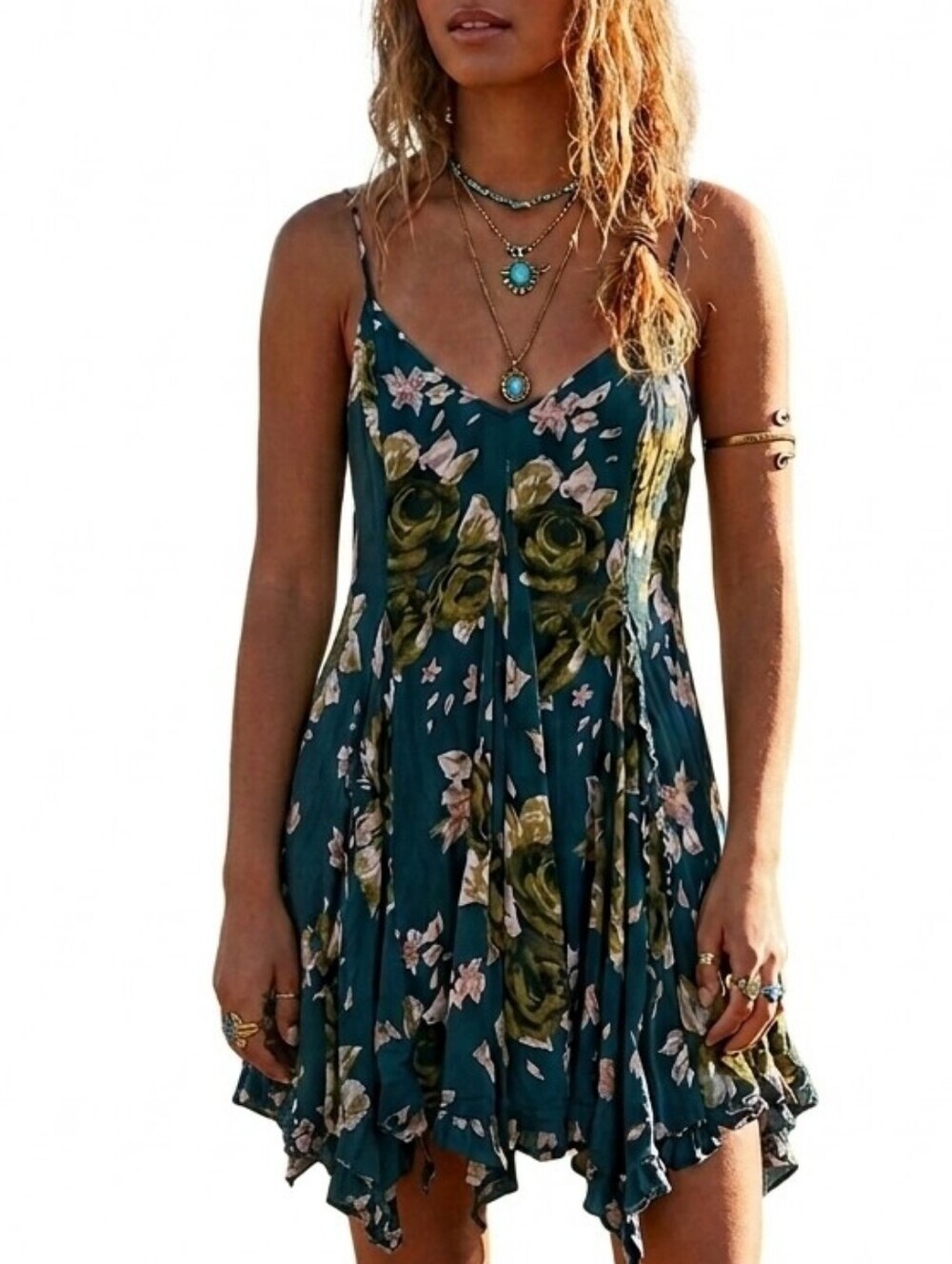 Free People Intimately Floral Ruffle Slip Dress Blue Green S